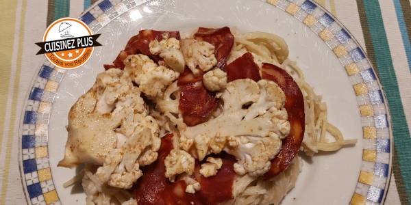 vignette de Spaghettis à la crème de chou-fleur et chorizo